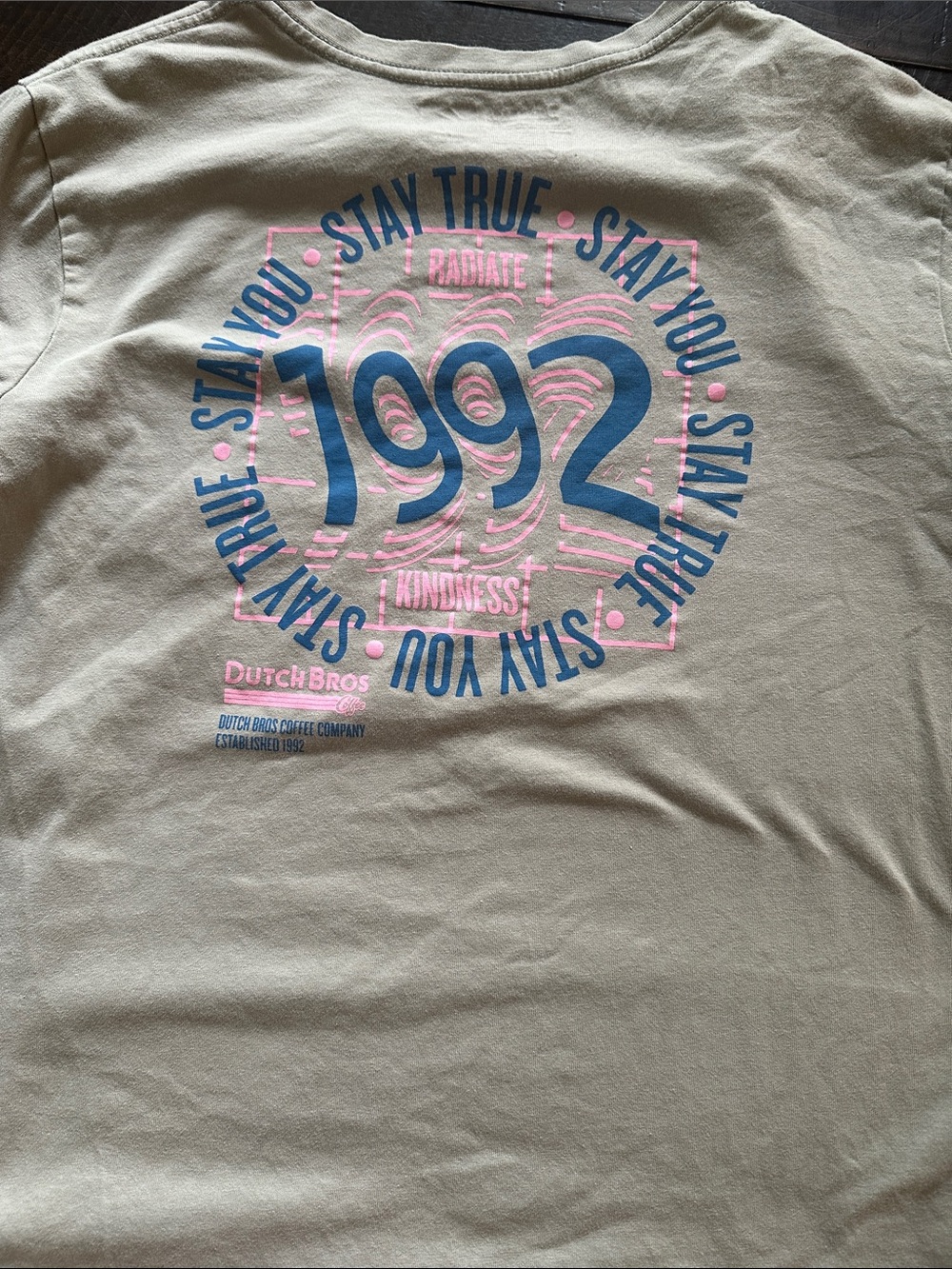 Dutch Bros Beige Tee with Blue & Pink 1992 Graphic